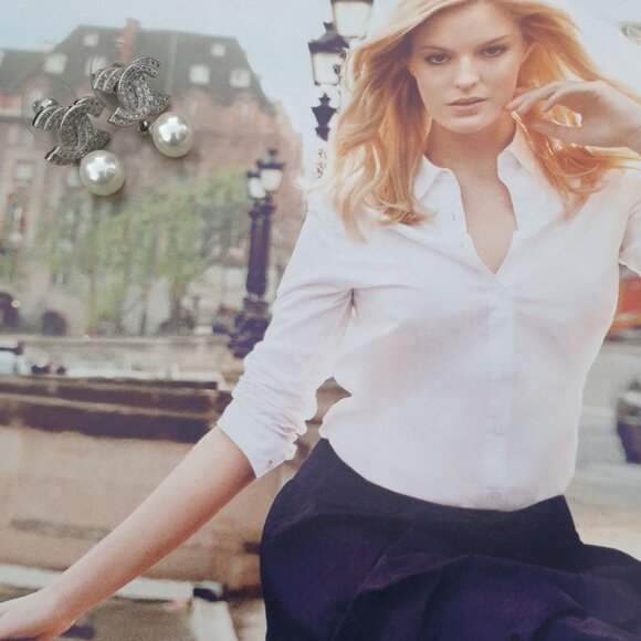 Fashion CC Stud Silver Crystals Pearl Earrings Women Casual Formal Jewelry Gift - Picture 4 of 4